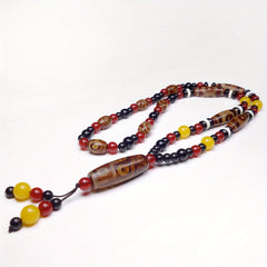 Tibetan Nine-Eye Agate Power Necklace – Red/Yellow/Black Dzi Talisman for Protection, Harmony & Prosperity