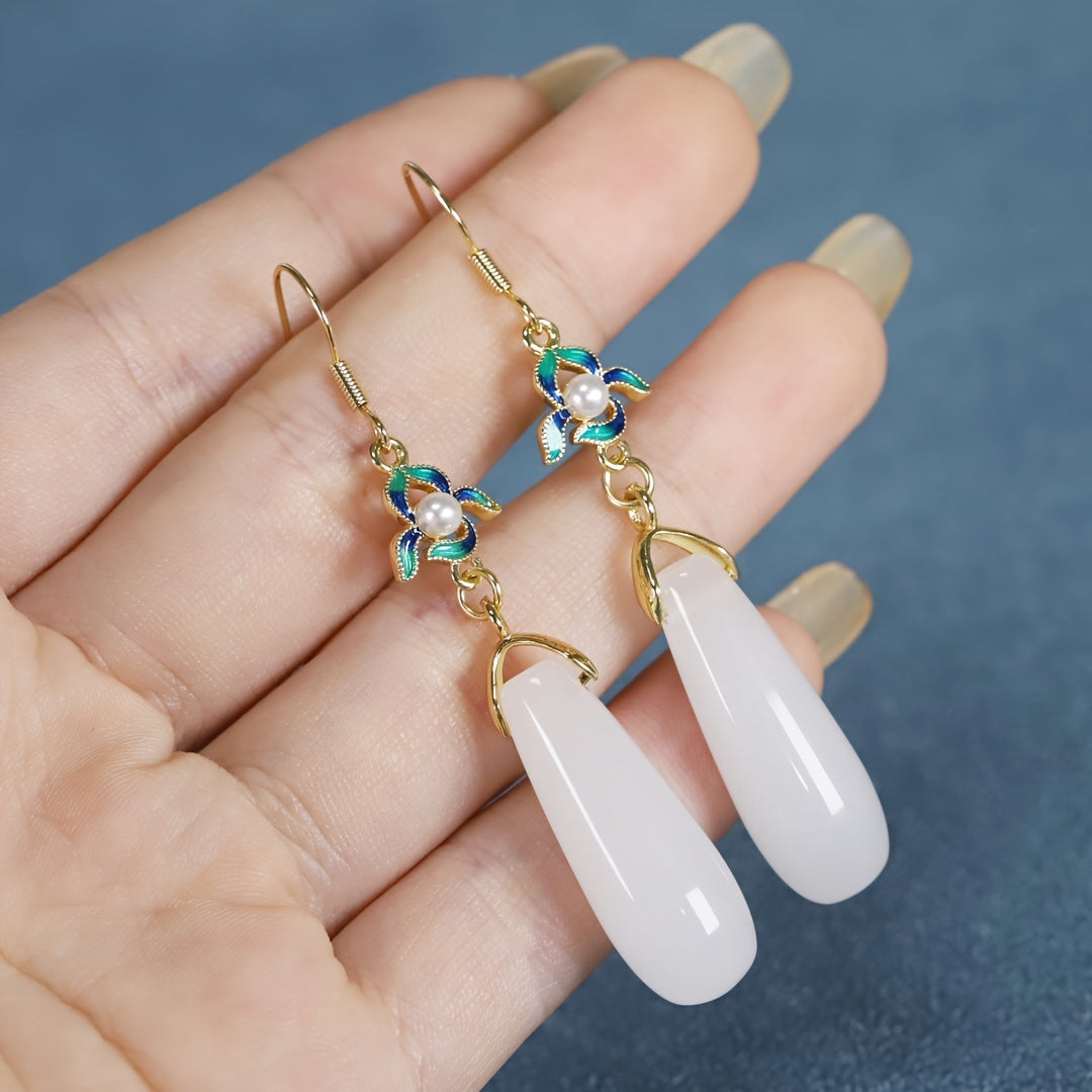 Elegant Dangle Earrings - Natural Stone Teardrop Antique Hanfu Inspired for Mature Women