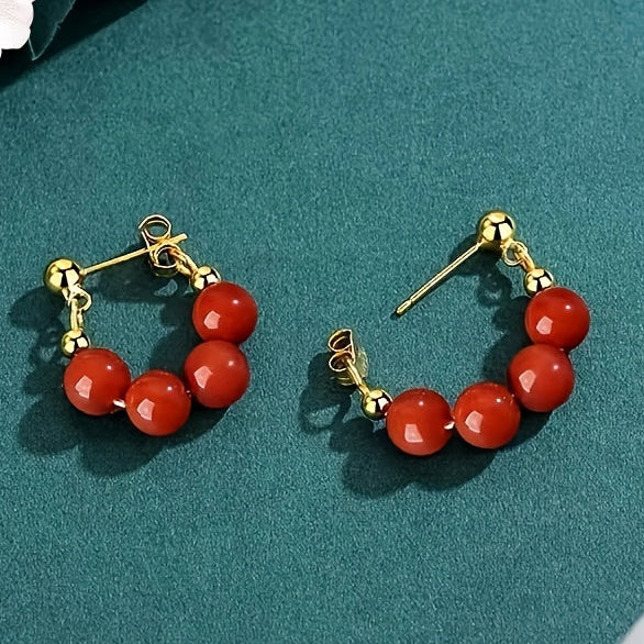 Natural Red Agate Hoop Earrings - 6mm Vintage-Inspired for Energy Balance & Daily Elegance