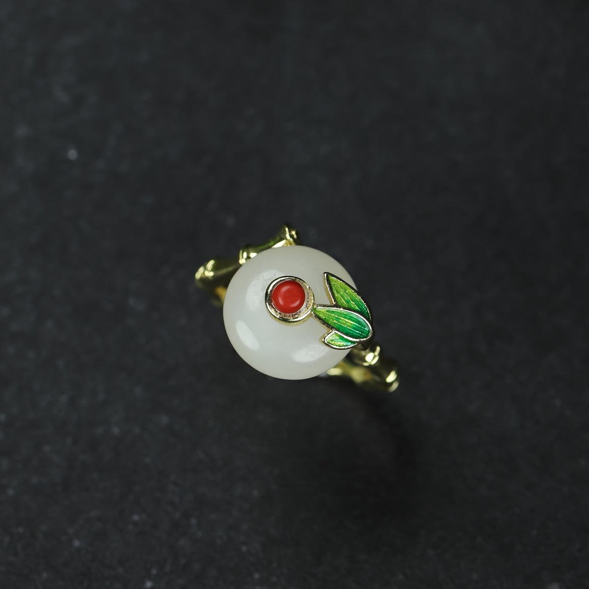 Elegant White Jade Court Ring with Gold Flower Prosperity, Protection, and Spiritual Harmony