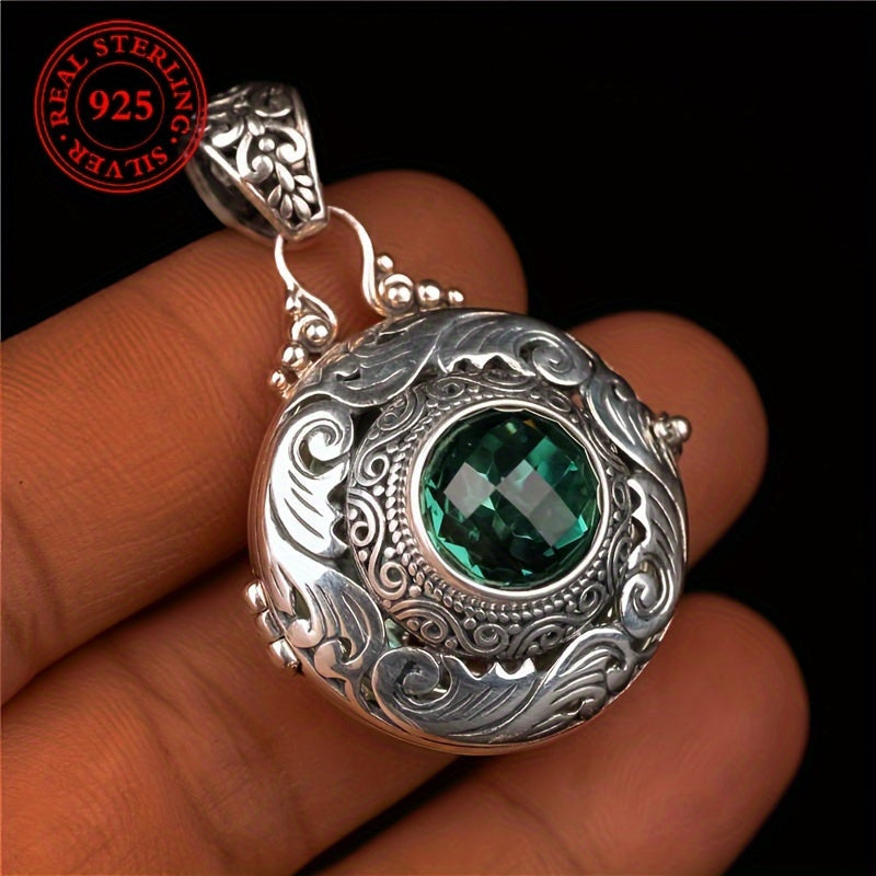 Elegant Vintage-Inspired 925 Sterling Silver Pendant with Green Zirconia - Protection, Abundance & Spiritual Harmony
