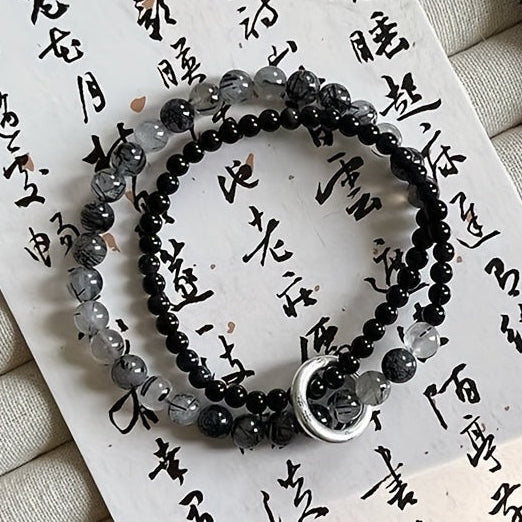 Chinese Style Double Ring Bracelet - Elegant Black & Clear Resin Beads with Silver Accents for Daily Wear & Gifting