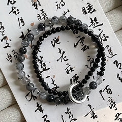 Chinese Style Double Ring Bracelet - Elegant Black & Clear Resin Beads with Silver Accents for Daily Wear & Gifting