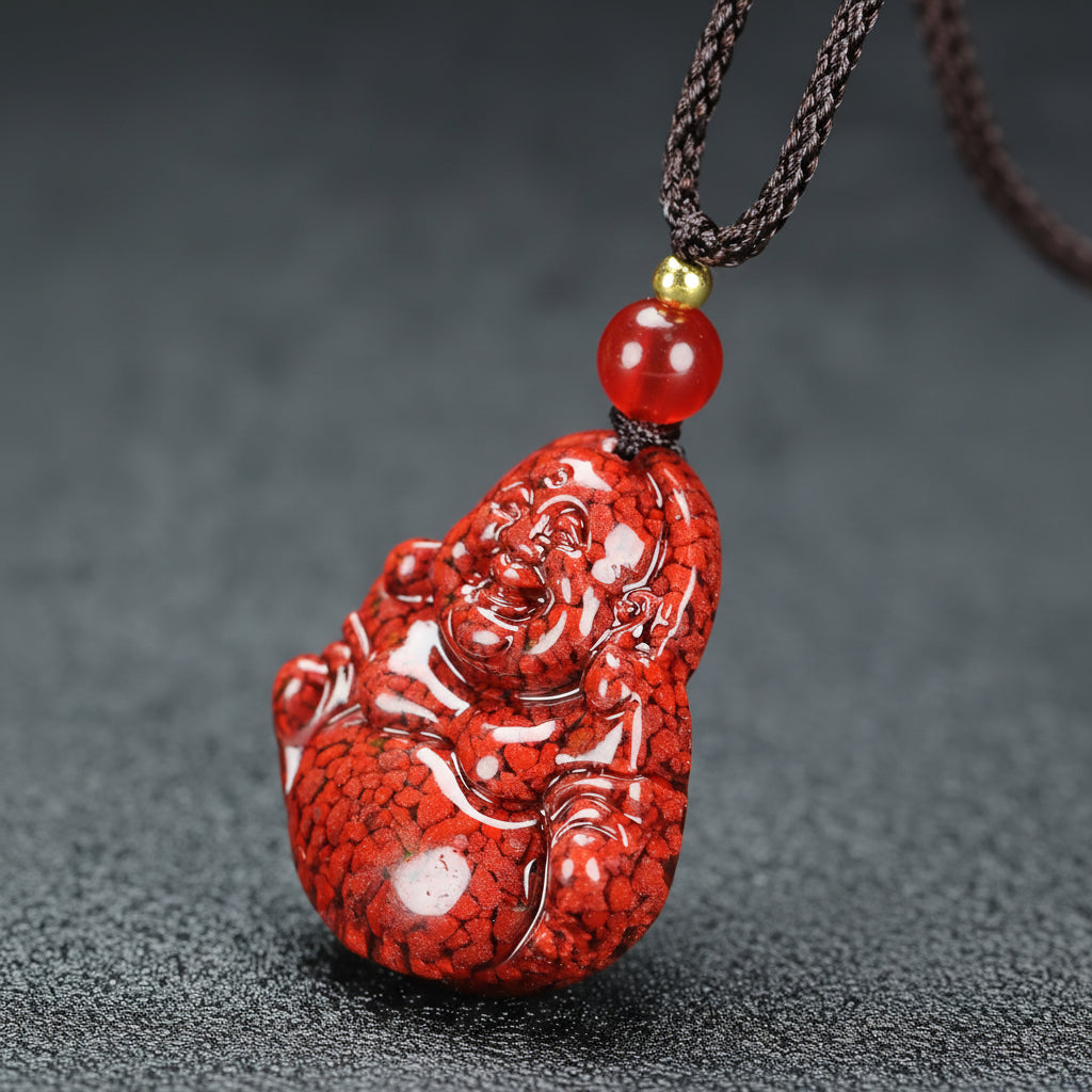 Natural Cinnabar Stone Laughing Character Pendant Necklace for Joy, Prosperity and Positive Energy Flow