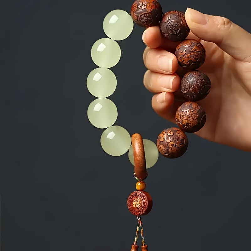 Sandalwood Pear Wood Luminous Beads Buddha Bracelet - Fortune Word for Spiritual Harmony & Mindful Living