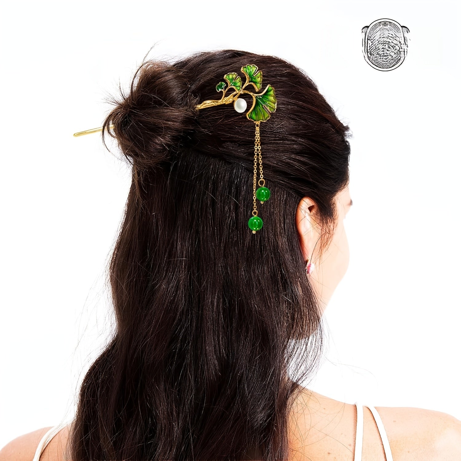 Elegant 14K Copper Plated Hairpin with Ginkgo Biloba & Emerald Beads - 6.69 Inch Handcrafted Hair Accessory for Women, Perfect for Weddings & Formal Events - Harmony Energy Talisman