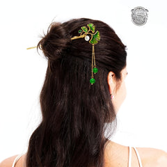 Elegant 14K Copper Plated Hairpin with Ginkgo Biloba & Emerald Beads - 6.69 Inch Handcrafted Hair Accessory for Women, Perfect for Weddings & Formal Events - Harmony Energy Talisman