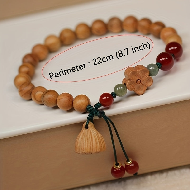Elegant Peach Wood Lotus Pod Bracelet - Hand-Woven Plum Blossom Pattern for Spiritual Harmony & Protection