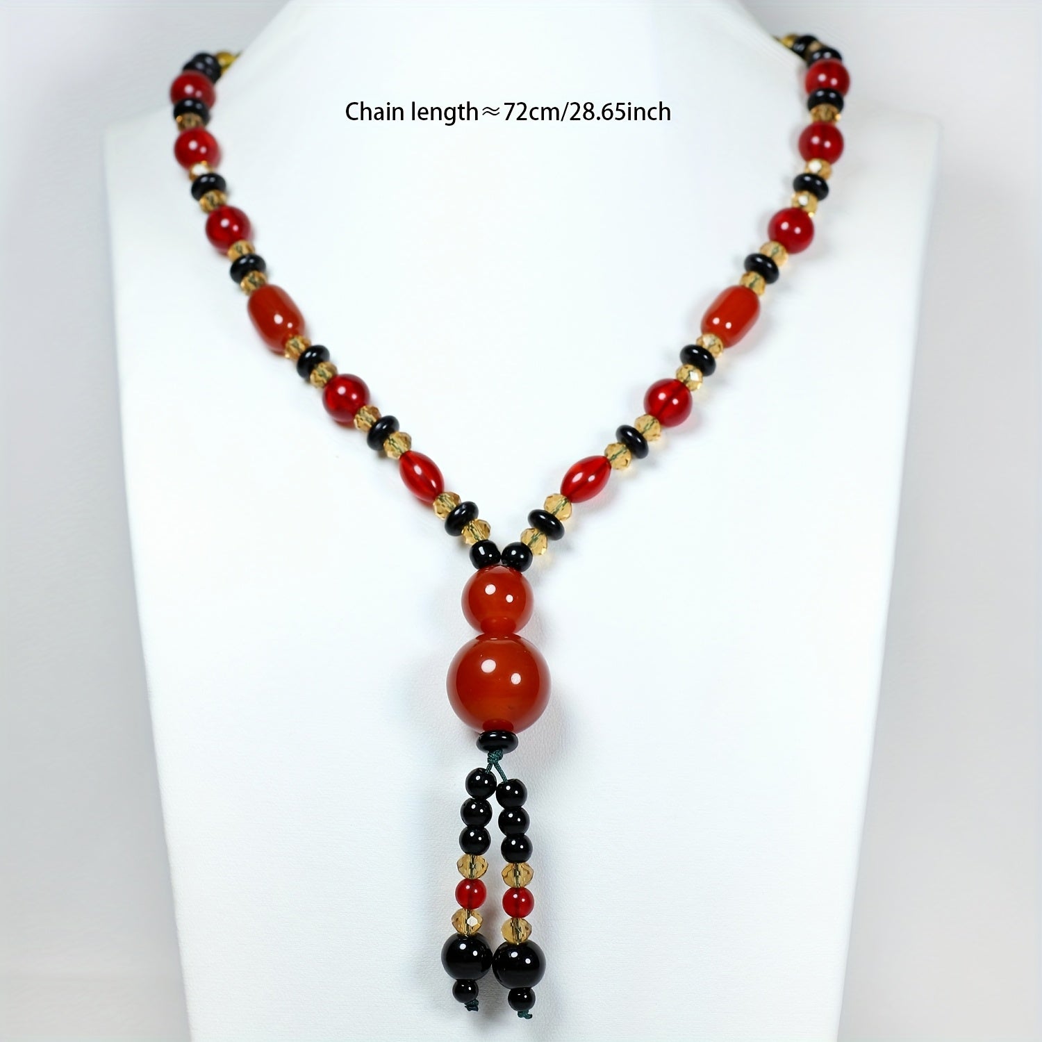 Bohemian Agate Necklace with Red Black Beads Golden Accents Red Spherical Pendant