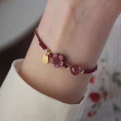 Women's Elegant Chinese Red Bracelet - Deep Burgundy Cord with Floral Pendant for Spiritual Protection & Lunar New Year Gift