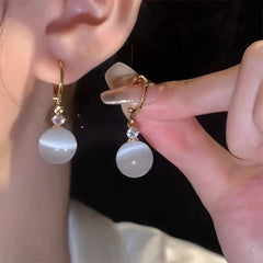 Elegant Vintage Cat's Eye Stone Drop Earrings: Golden-Tone Hoop for Daily Wear & Spiritual Harmony