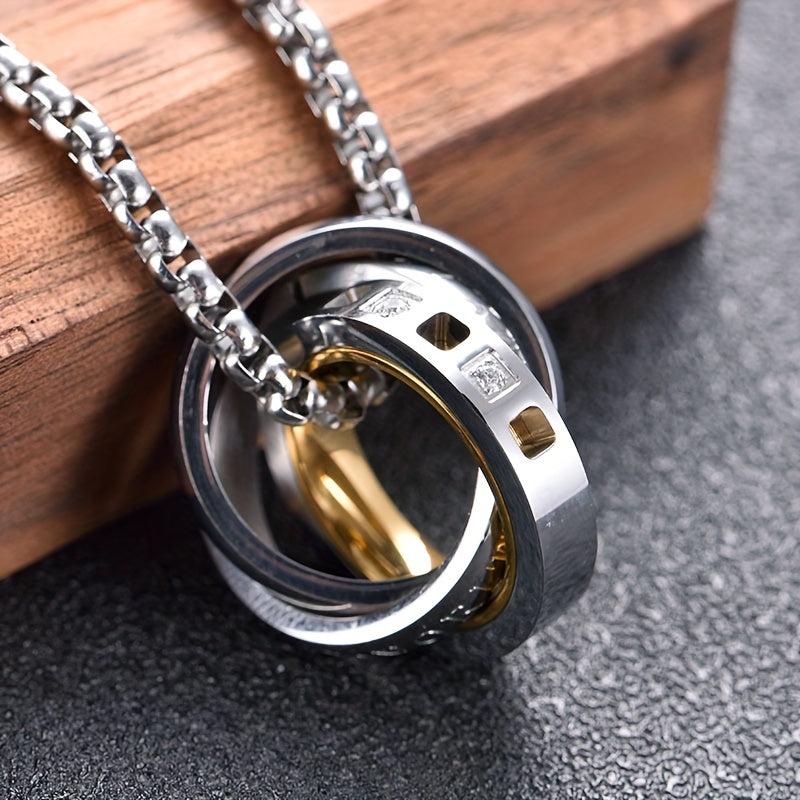 Alpaca 3-Ring Stainless Steel Pendant Necklace for Men: White Cubic Zirconia for Clarity & Protection