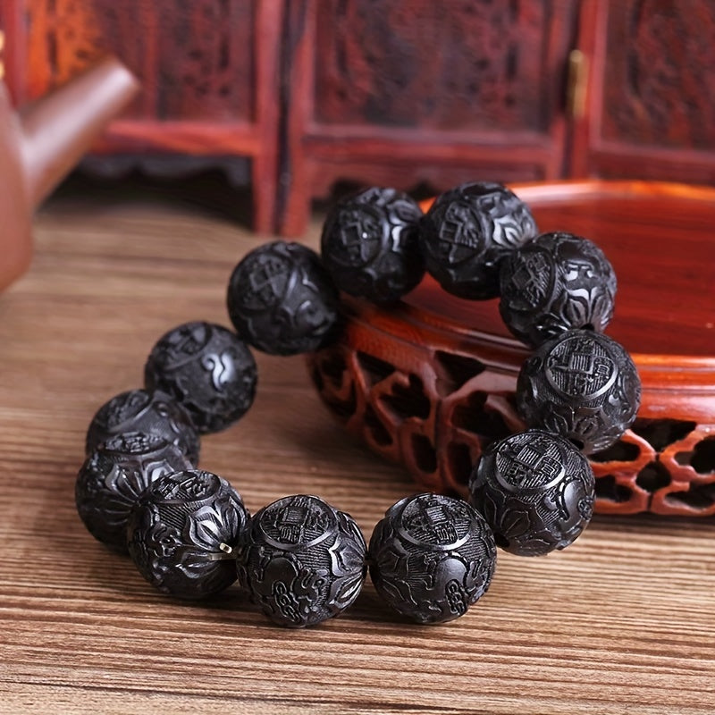 1pc 20mm Hand-Carved Wooden Beads Bracelet - Prosperity Charm for Spiritual Harmony