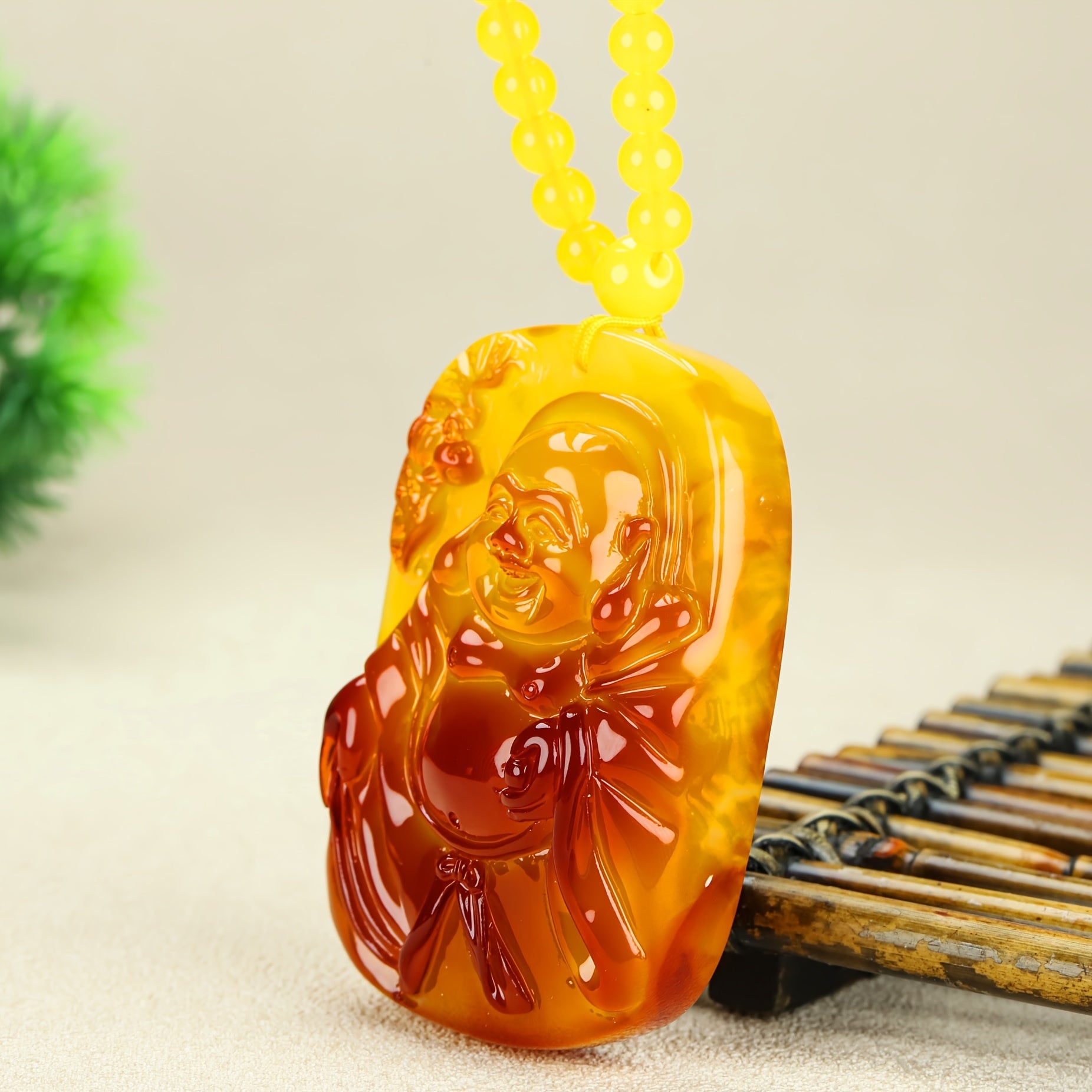 Elegant Vintage-Style Amber Character Pendant Necklace Handcrafted with Warmth & Spiritual Grounding for Meditation & Sweater Chains