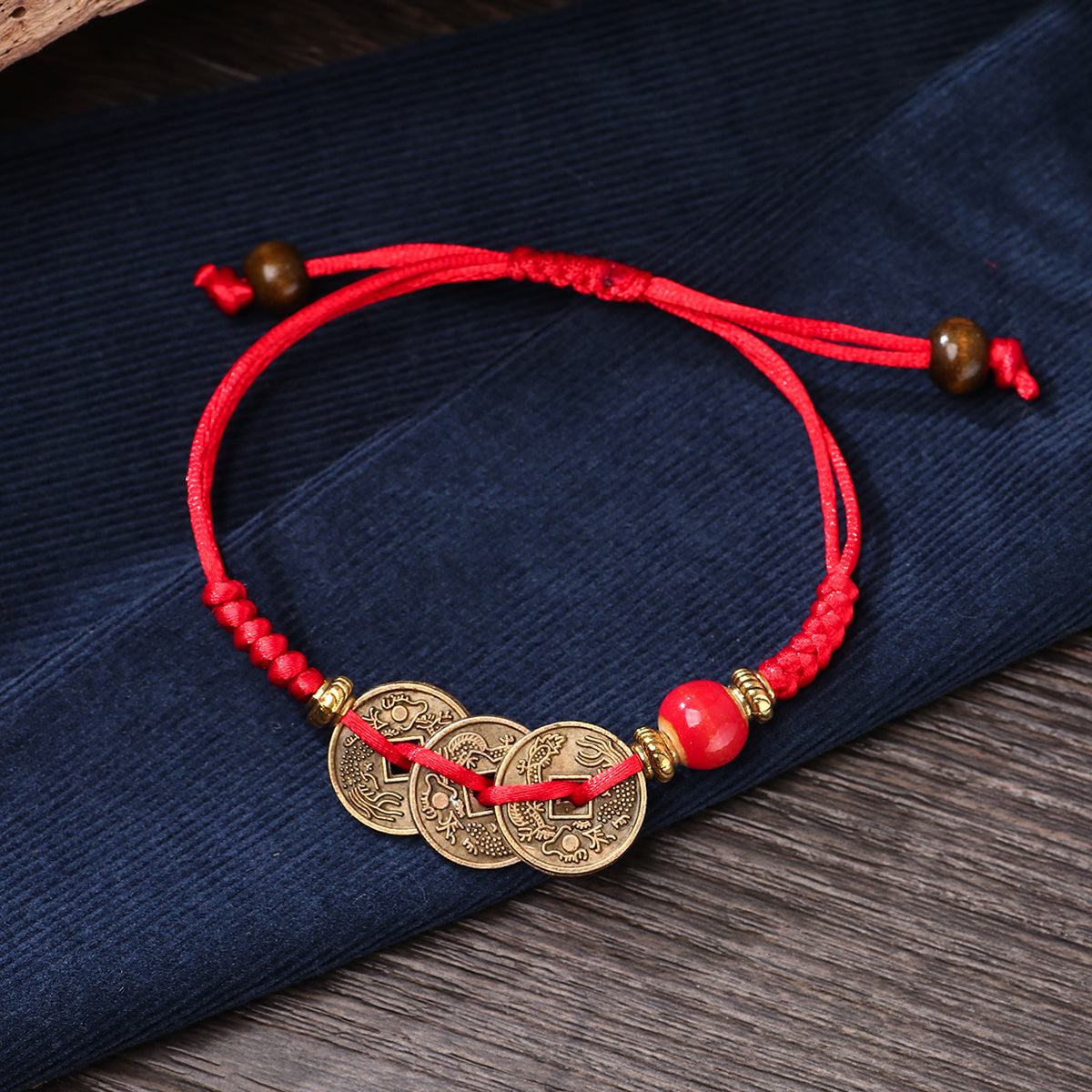 Red Braided Coin Charm Bracelet - Traditional Chinese Accessory for Luck & Prosperity