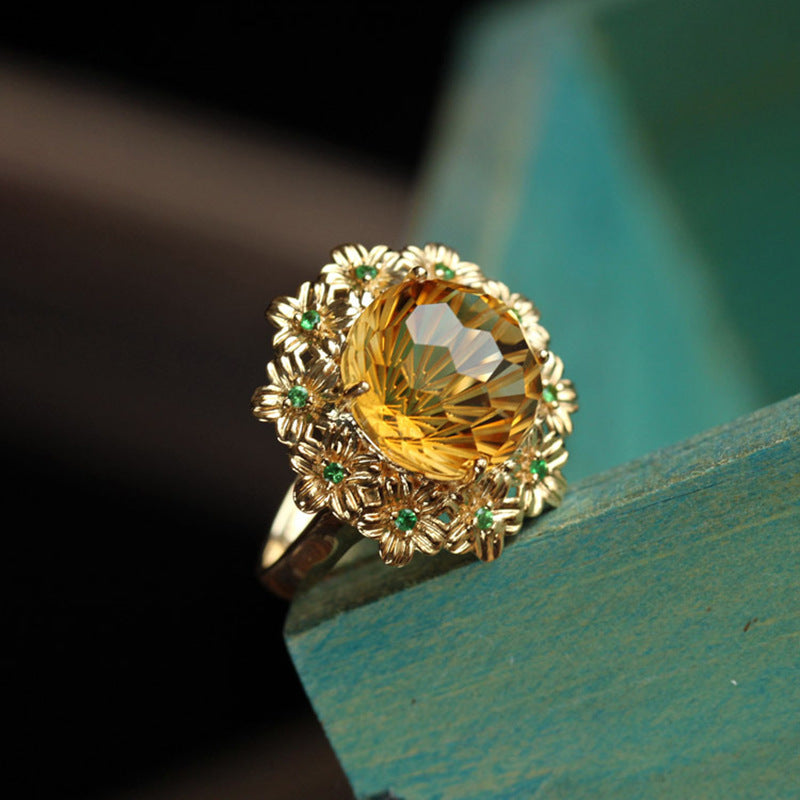 Sunset Blossom Citrine Ring - Firework Design with Imitation Jadeite Surround for Mother's Day, Anniversaries & Weddings