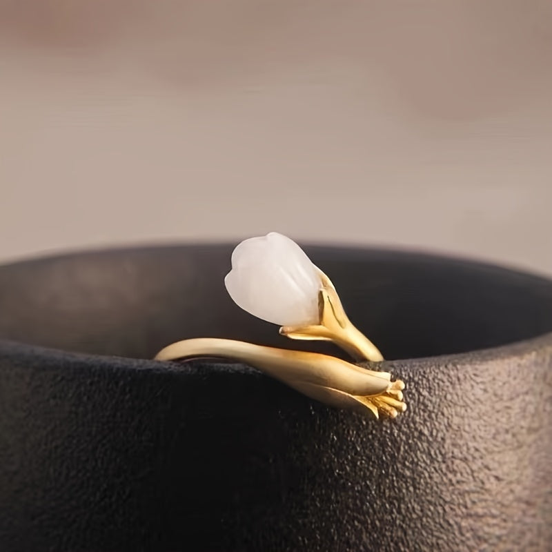 Vintage Orchid Blossom Ring in Natural Lamb Fat White, Elegant 925 Silver Jewelry for Purity, Love, and Spiritual Growth