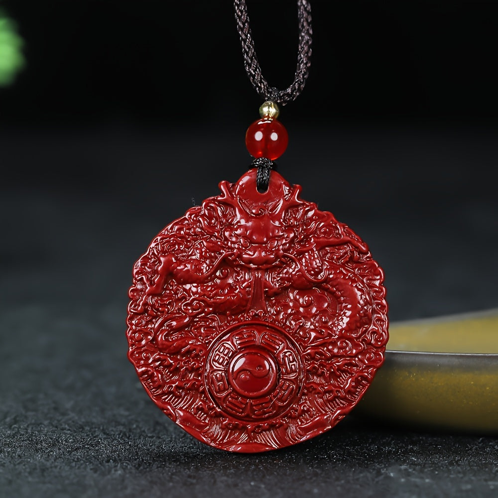 Protective Cinnabar Dragon Amulet Necklace for Men, High-Content Red Cinnabar Pendant with Bagua