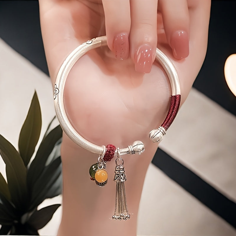 Handcrafted Sterling Silver Energy Bangle — Harmony, Protection & Prosperity with Jade & Agate Charms