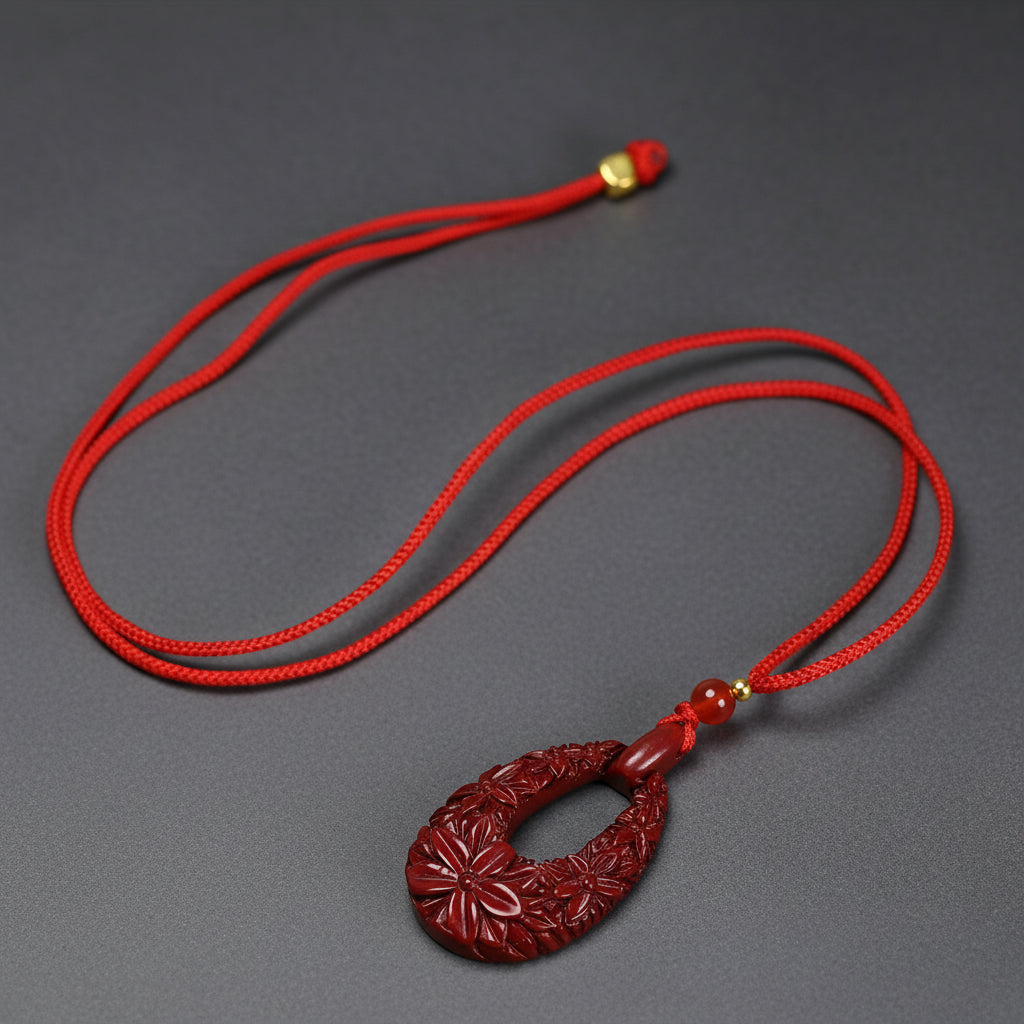 Cinnabar Flower Pendant Necklace - Feng Shui Good Luck & Prosperity Charm - Perfect Gift for Couples