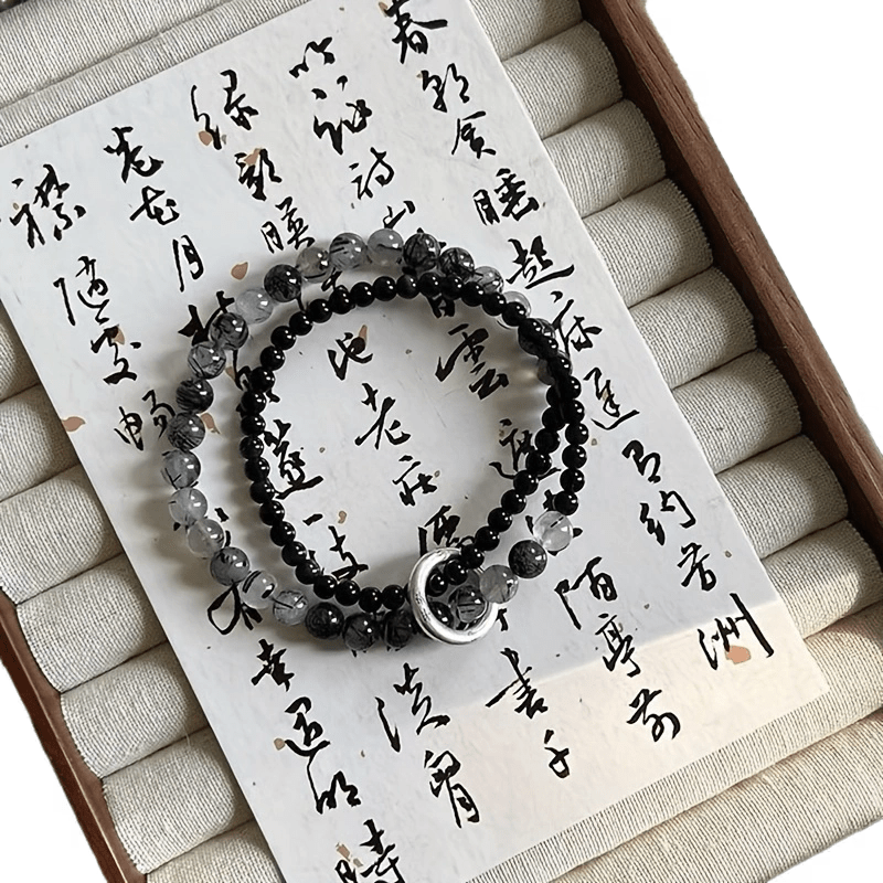 Chinese Style Double Ring Bracelet - Elegant Black & Clear Resin Beads with Silver Accents for Daily Wear & Gifting