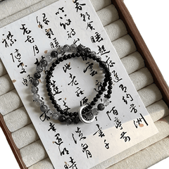 Chinese Style Double Ring Bracelet - Elegant Black & Clear Resin Beads with Silver Accents for Daily Wear & Gifting