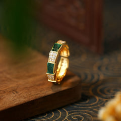 Copper Gold-Plated Ring with Green Synthetic Stone - Enhances Harmony & Prosperity  Minimalist Chic Jewelry