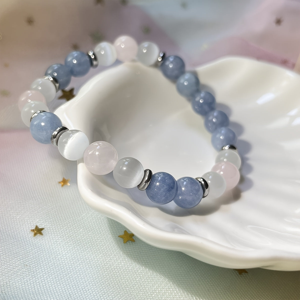 Bracelet for Inner Peace & Love - Aquamarine Rose Quartz Selenite Healing Jewelry