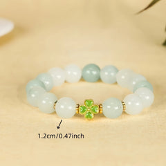 Natural Jade Beaded Bracelet with Four-Leaf Clover Charm for Luck & Serenity