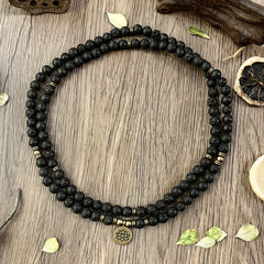 108 Beads Black Stone Mala Bracelet with Lotus Pendant - Energy Balancing & Protection for Daily Wear