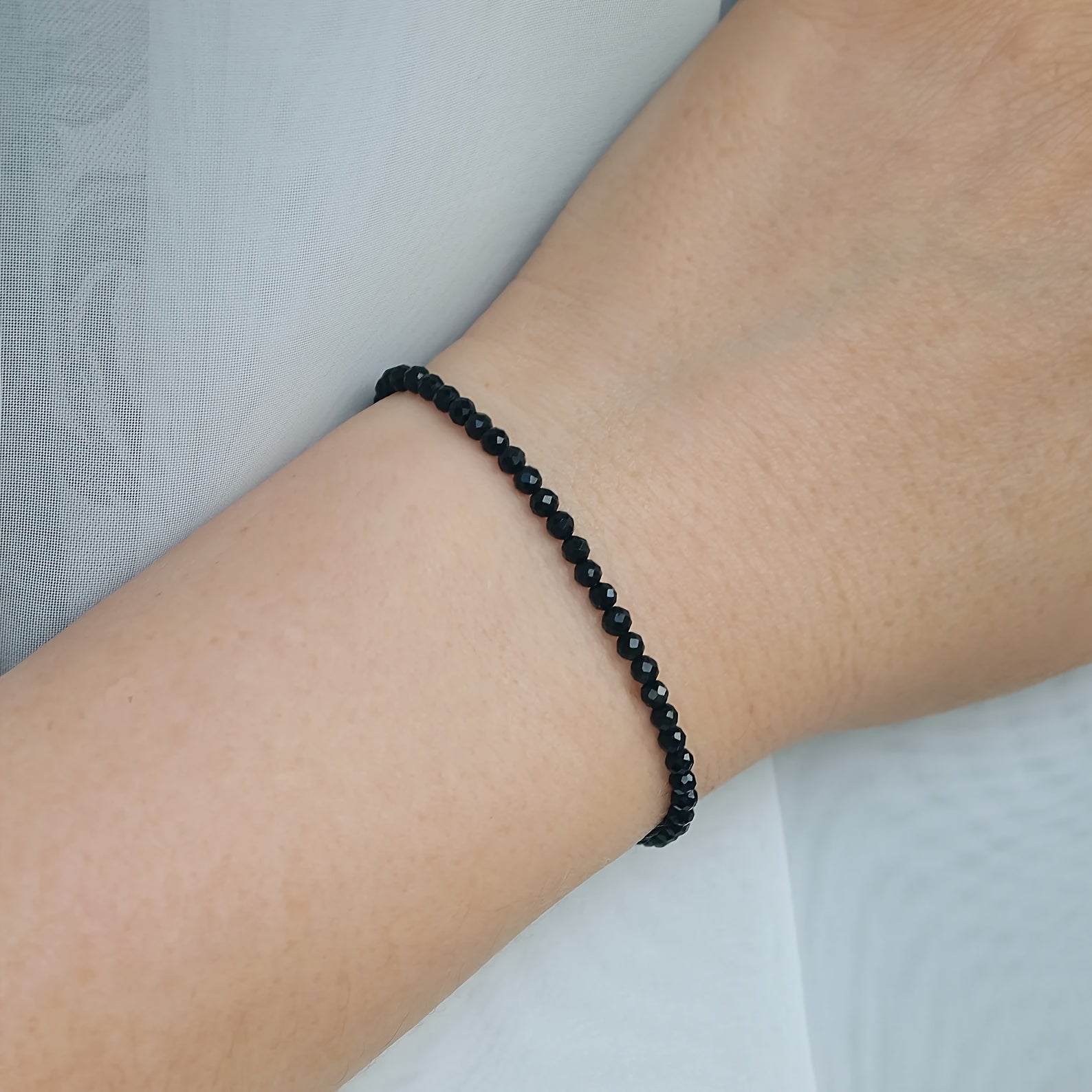 Dainty Black Faceted Stone Bracelet - Handmade Elastic Beaded Jewelry for Energy & Protection