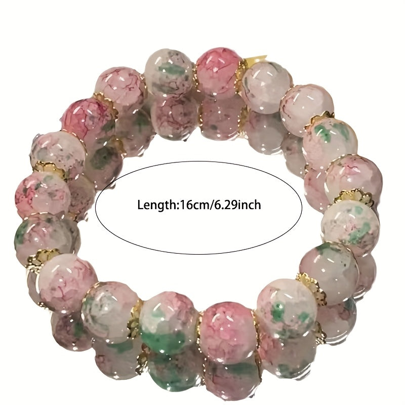 1pc Sweet & Cute Cherry Blossom Glass Bead Butterfly Bracelet - Pink & Green Bohemian Design for Daily Wear & Mindful Living