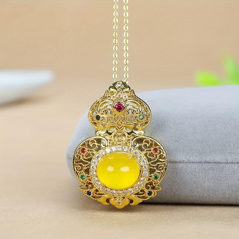 Chinese Gourd Pendant Necklace with Natural Stone - Prosperity & Protection Energy for Lucky Wear