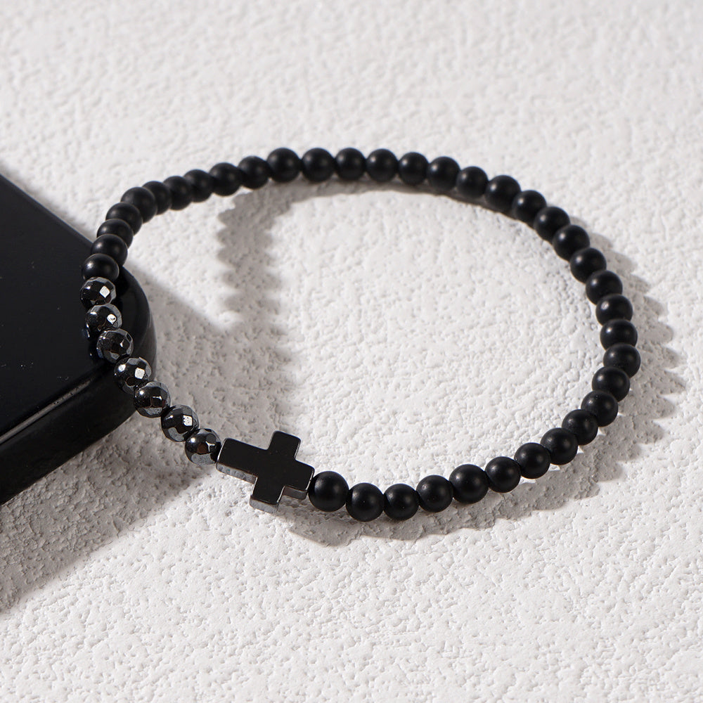 Vintage Boho Natural Stone Cross Bracelet - Handcrafted with Black & White Stones for Spiritual Balance & Daily Wear