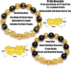 Feng Shui Wealth Bracelet  Ultimate Prosperity Armor for Men Women Pixiu and black obsidian. It brings prosperity, offers protection, attracts good fortune and repels evil spirits