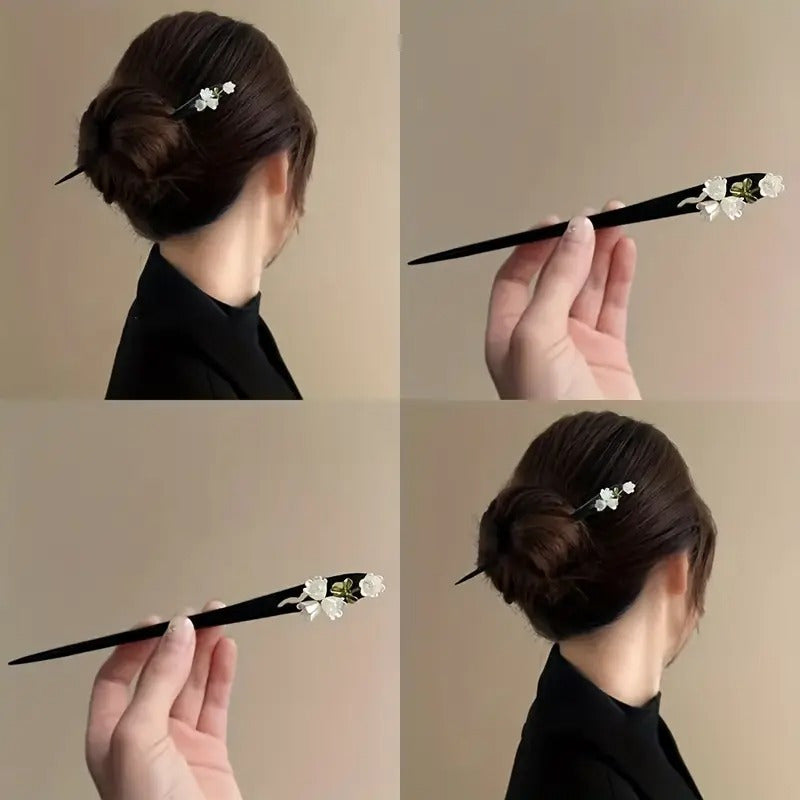 2pcs Vintage Lily of the Valley Wooden Hair Clips - Elegant Updos for Traditional Chinese Outfits with Natural Energy Flow