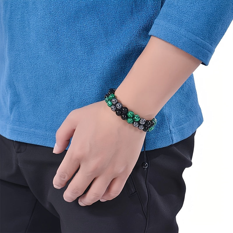 Handcrafted Green Malachite Double-Layer Braided Bracelet - Sporty Natural Stone Fashion with Energy Balancing