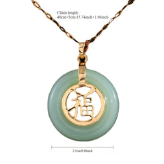 Elegant Vintage Green Artificial "Fu" Character Pendant Necklace - Golden-Tone Chain for Peace & Good Fortune