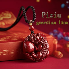 Elegant Red Cinnabar Pixiu Guardian Lion Pendant Necklace - Hand-Carved Wealth & Protection Amulet