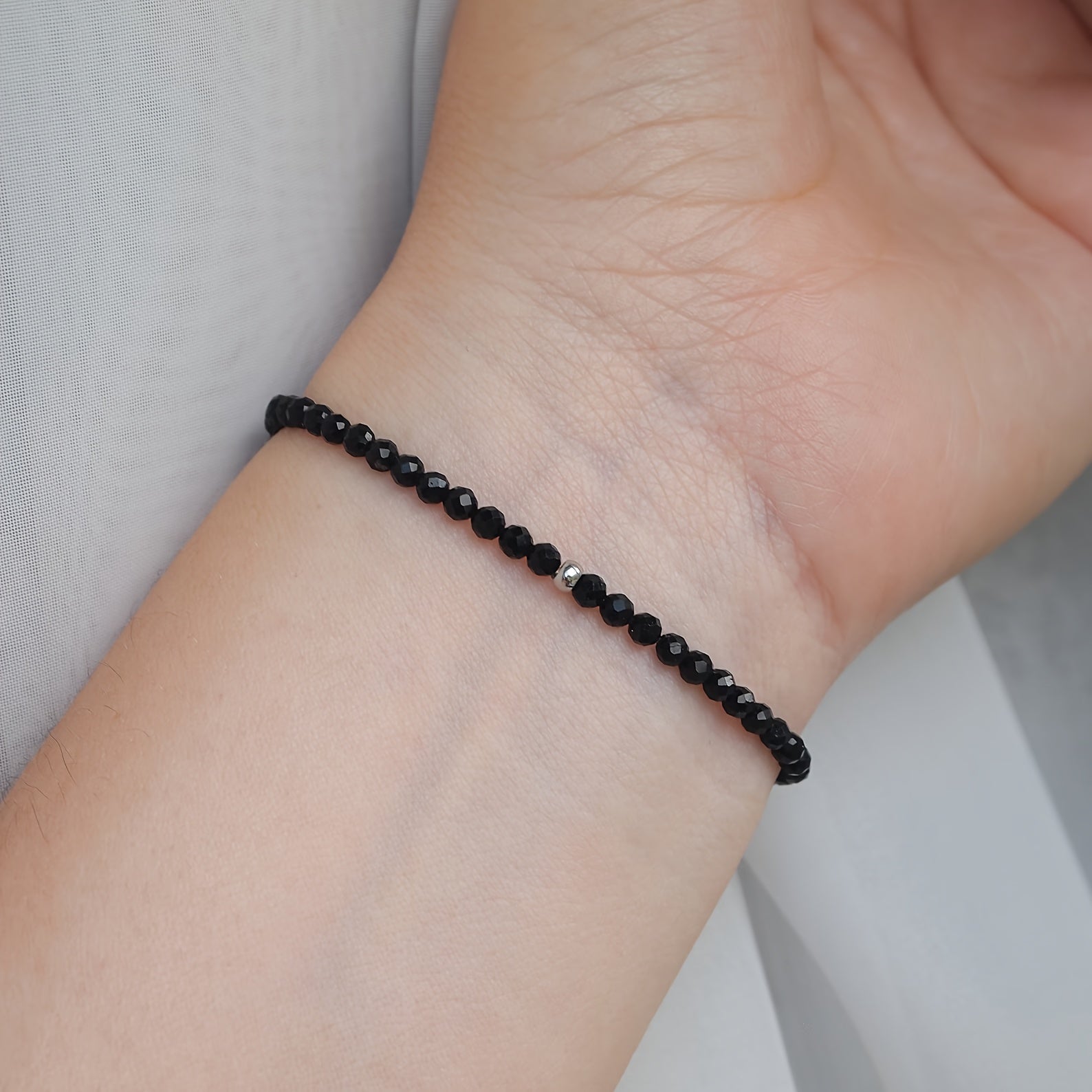 Dainty Black Faceted Stone Bracelet - Handmade Elastic Beaded Jewelry for Energy & Protection