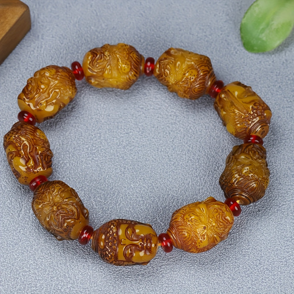 Amber Buddha Head Bracelet with Red Agate for Wealth, Protection, and Spiritual Balance