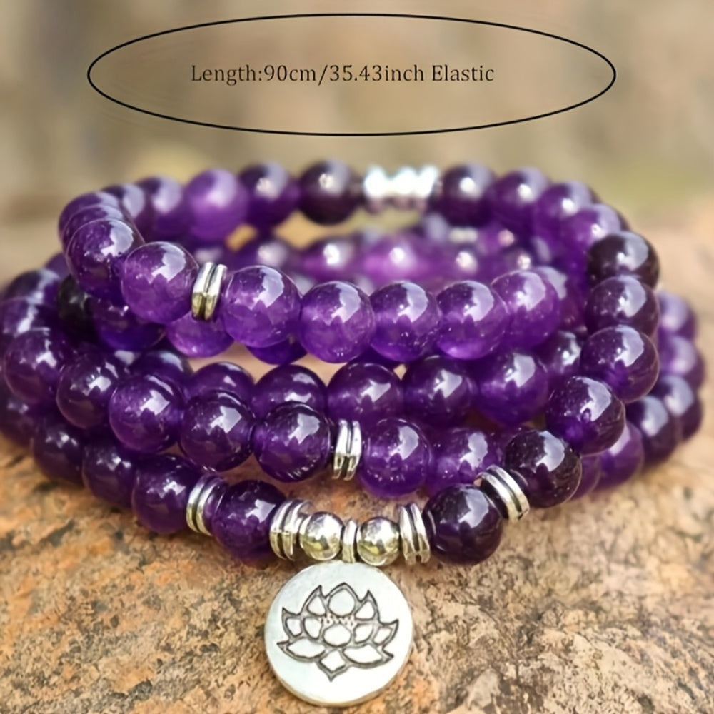 108 Bead Amethyst Mara Bracelet – Bohemian Style Purple Stone with Lotus Charm for Spiritual Balance