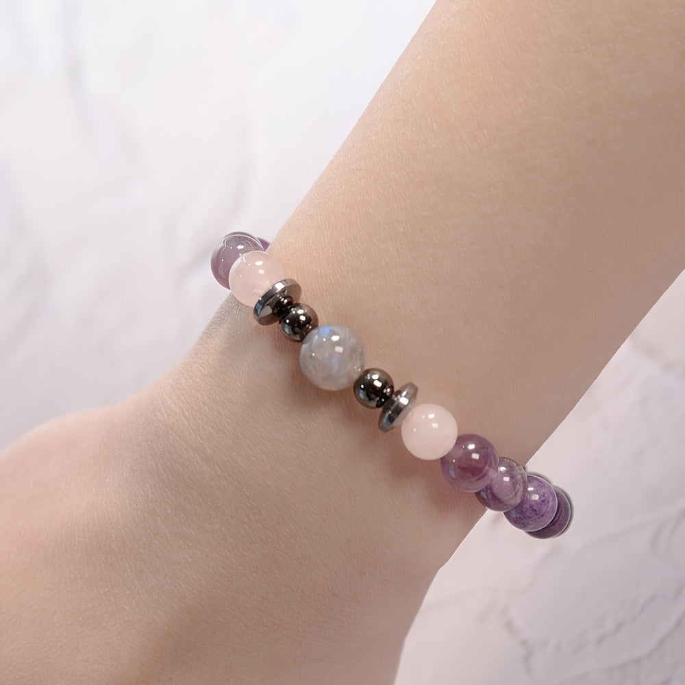 Real Natural Amethyst, Gray-black Flash Stone, 8mm Natural Stone Round Beads, Beautiful and Exquisite Design, Loose Beads Combination, Elastic Line Can Be Adjusted for Comfortable Wearing