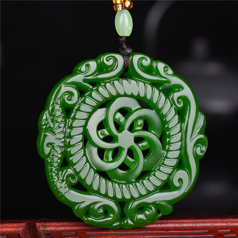 Natural Stone Necklace Pendant - Enhance Your Energy with Antique Dragon & Phoenix Design in Spinach Green