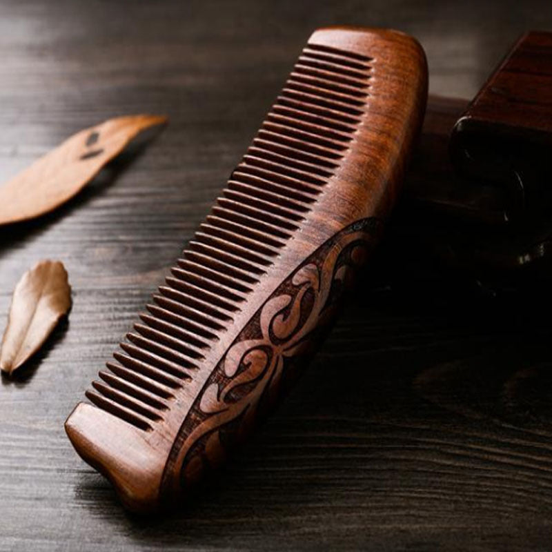 Elegant Golden Black Sandalwood Comb - Double-Sided Carved Five-Tooth Design for Hair Care Energy