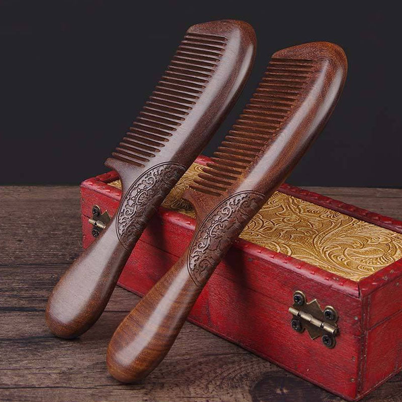 Elegant Golden Black Sandalwood Comb - Double-Sided Carved Five-Tooth Design for Hair Care Energy
