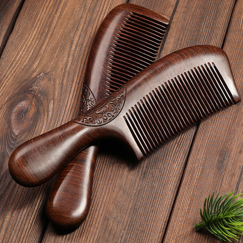 Elegant Golden Black Sandalwood Comb - Double-Sided Carved Five-Tooth Design for Hair Care Energy