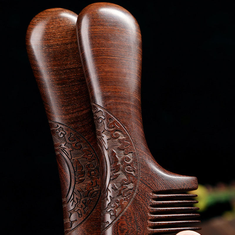 Elegant Golden Black Sandalwood Comb - Double-Sided Carved Five-Tooth Design for Hair Care Energy