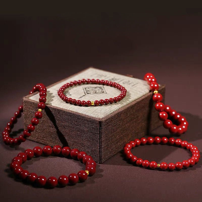 1pc Elegant Cinnabar Bead Bracelet with Golden Accent – Unisex Red Jasper Protection Amulet, Smooth Polished Beads for Casual Attire or Gift Giving