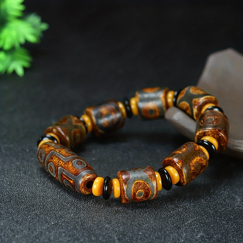 Vintage Dzi Agate Protection Bracelet — Grounding, Prosperity & Energy Balance | Unisex Handmade Beads (17–19 cm Adjustable)